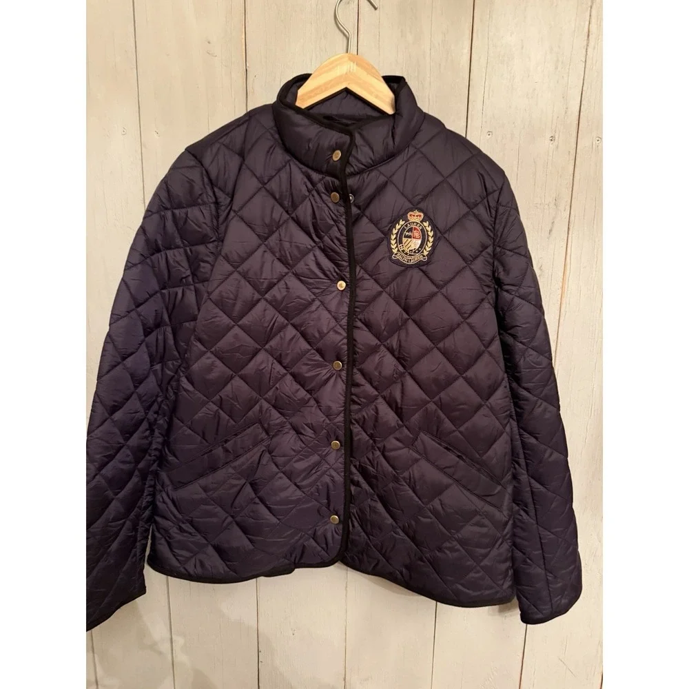 Lauren‎ Ralph Lauren Women's Quilted Black Snap Jacket Crest Logo L  Black Label